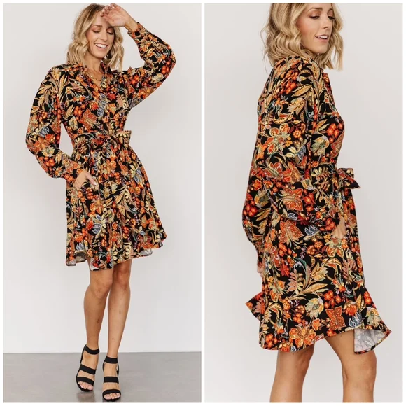 FEW LEFT❗️POLAGRAM Black Floral Long Sleeves Short Dress - Picture 2 of 6